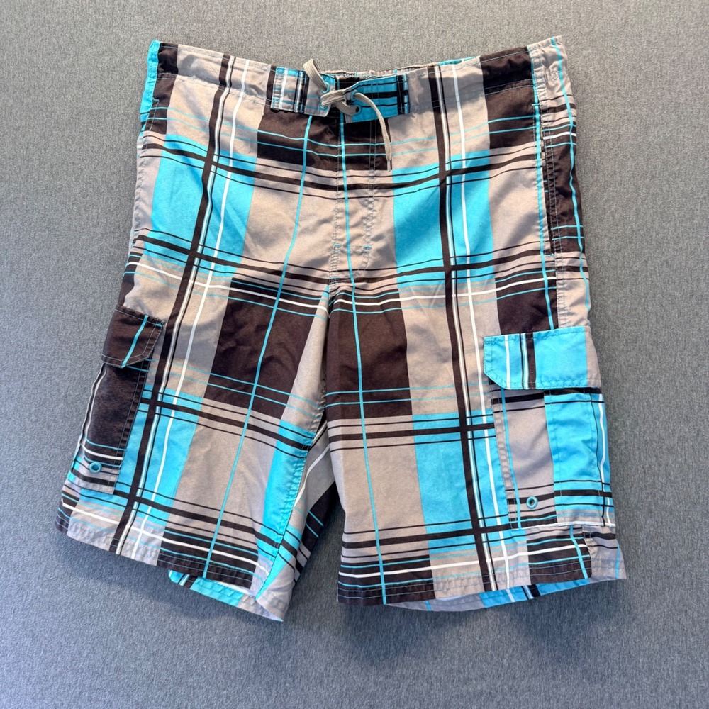 Airwalk Mens Plaid Board Shorts Blue Grey Black Cargo Swim Trunks Size Medium
